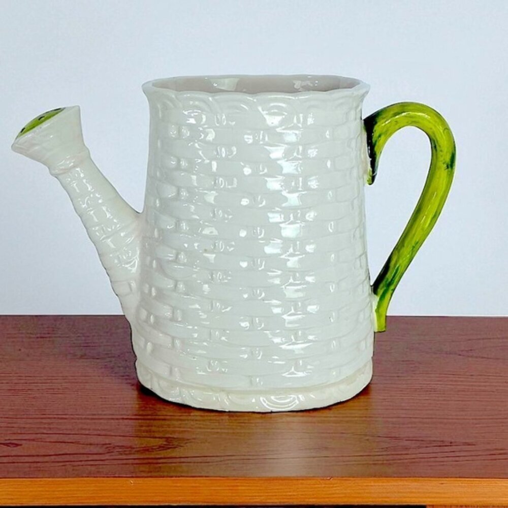 Vintage Basket Weave Ceramic Watering Can Planter Numbered Multi Use White Green - Picture 1 of 16